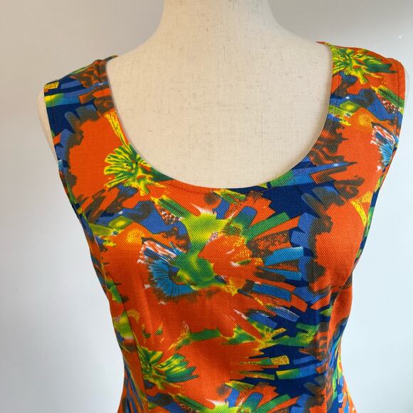 Cotton A-Line Sleeveless Dress Drop Waist Orange Blue Watercolor Size Small - Picture 2 of 7